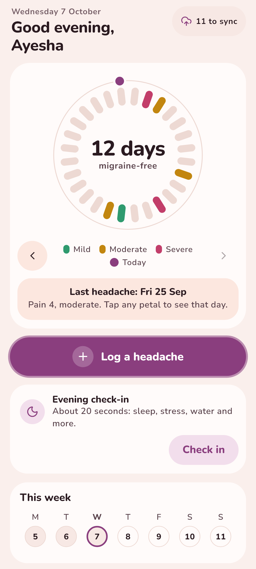 Headlull home screen showing a monthly headache history, a log button, and an evening check-in